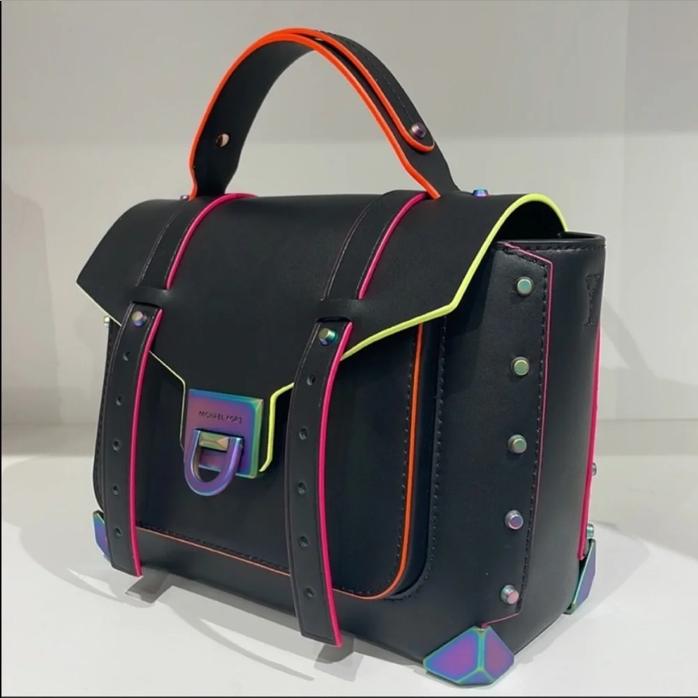 Michael Kors MK Manhattan neon contrast
trim black satchel bag crossbody - Picture 8 of 9